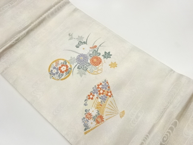 リサイクル　扇に花籠・花々模様織出し開き名古屋帯（額縁仕立て）